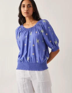 Emily Embroidered Puff-Sleeve Top Blue