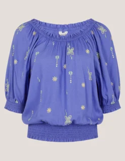 Emily Embroidered Puff-Sleeve Top Blue