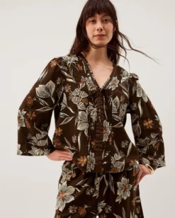 Esther Floral Linen Blend Top Brown