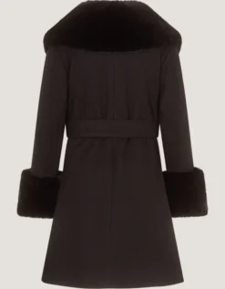 Faux Fur Collar Belted Coat Black