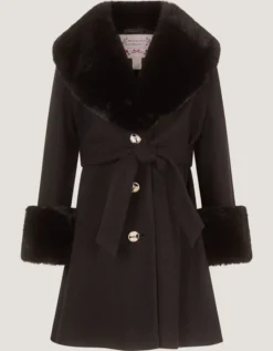 Faux Fur Collar Belted Coat Black