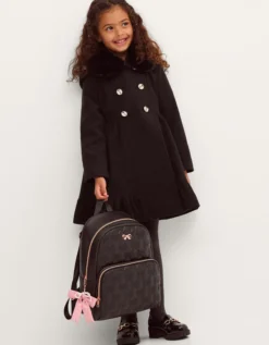 Faux Fur Collar Double-Breasted Coat Black