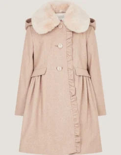 Faux Fur Collar Frill Coat Camel