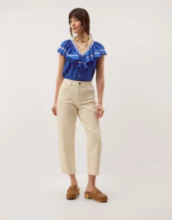 Fenn Embroidered Ruffle Jersey Top Blue