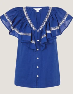 Fenn Embroidered Ruffle Jersey Top Blue