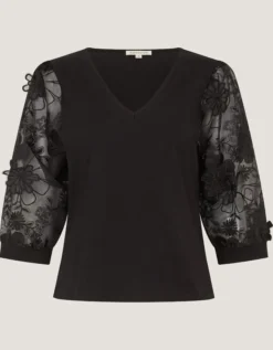 Fi Floral Appliqué Jersey Top Black