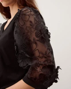 Fi Floral Appliqué Jersey Top Black