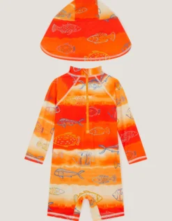 Fish Print UPF50+ Swimsuit & Sun Hat Orange