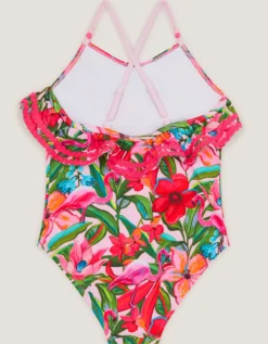 Flamingo Print Frill Swimsuit Pink