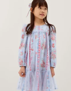Floral Broderie Long Sleeve Dress & Hair Scrunchie Blue