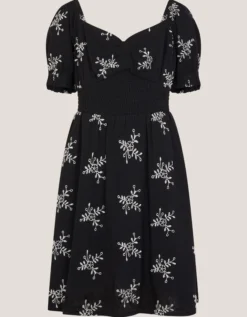 Floral Broderie Puff Sleeve Dress Black
