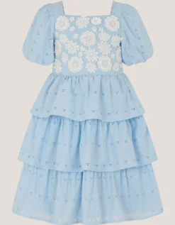 Floral Broderie Puff Sleeve Tiered Dress Blue