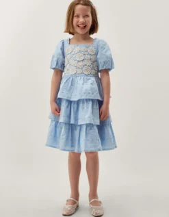 Floral Broderie Puff Sleeve Tiered Dress Blue