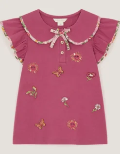 Floral Embroidered Cotton T-Shirt Pink