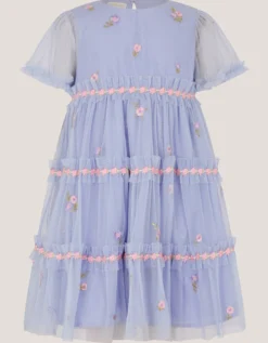 Floral Embroidered Floral Tulle Tier Dress Blue