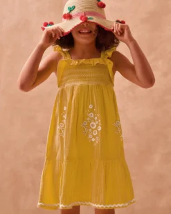 Floral Embroidered Frill Dress Yellow