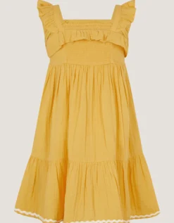 Floral Embroidered Frill Dress Yellow