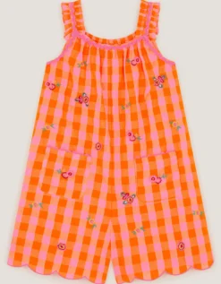 Floral Embroidered Gingham Playsuit Orange