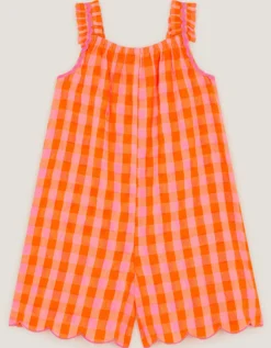 Floral Embroidered Gingham Playsuit Orange