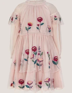 Floral Embroidered Scallop Tiered Dress Cream