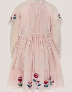 Floral Embroidered Scallop Tiered Dress Cream