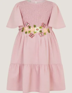 Floral Embroidered Smocked Dress Pink