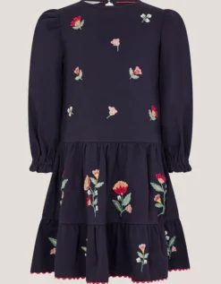 Floral Embroidered Tiered Dress Blue
