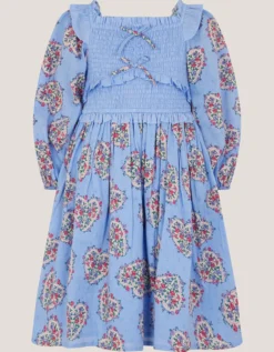Floral Heart Long Sleeve Smocked Dress Blue