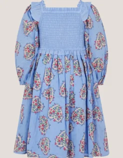 Floral Heart Long Sleeve Smocked Dress Blue