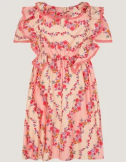 Floral Lace Trim Frill Dress Pink