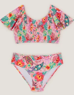 Floral Paisley Short Sleeve Bikini Set Multi