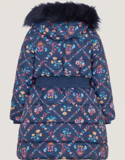Floral Print Bow Puffer Coat Blue