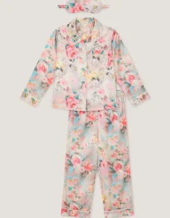Floral Print Satin Long Pyjama & Eye Mask Set Multi
