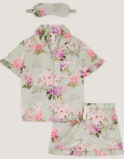 Floral Satin Short Pyjamas & Eye Mask Set Green