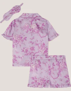 Floral Satin Short Pyjamas & Sleep Mask Set Purple