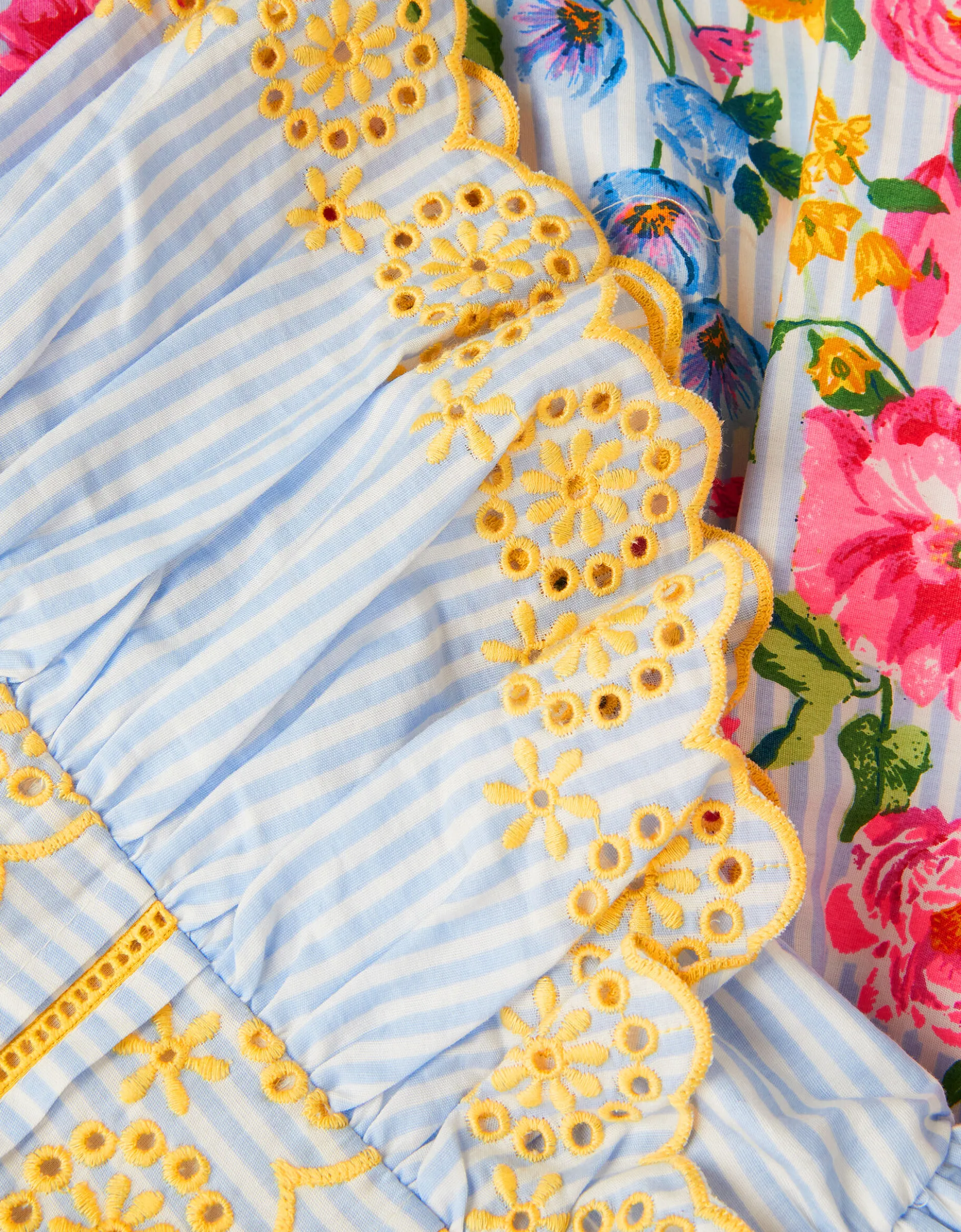 Floral Stripe Broderie Sleeve Dress Blue