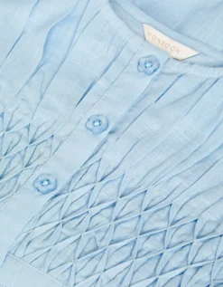 Flower Button Smocked Dress Blue