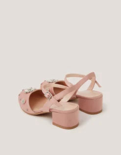 Flower Diamanté Satin Closed Toe Heels Pink