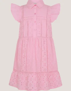 Flutter Sleeve Broderie Tiered Dress Pink