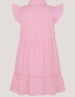 Flutter Sleeve Broderie Tiered Dress Pink