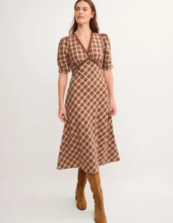 Frankie Check Print Midi Dress Brown