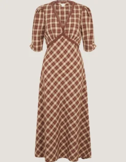 Frankie Check Print Midi Dress Brown