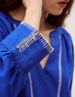 Frida V-Neck Linen Blouse Blue