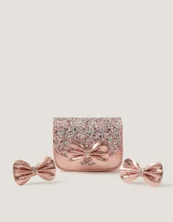 Glitter Bow Bag & Hair Clips Set