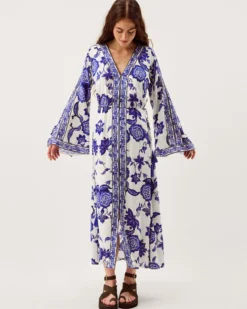 Gloria Floral Print Maxi Beach Dress Blue