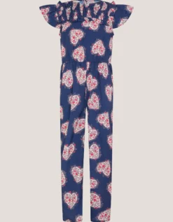 Heart Print Smock Jumpsuit Blue