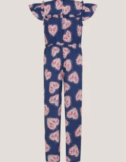 Heart Print Smock Jumpsuit Blue