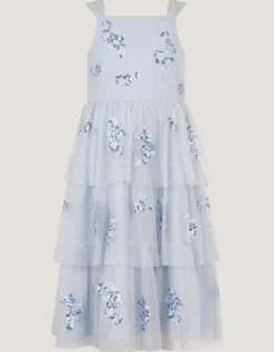 Ingrid Floral Sequin Tiered Party Dress Blue