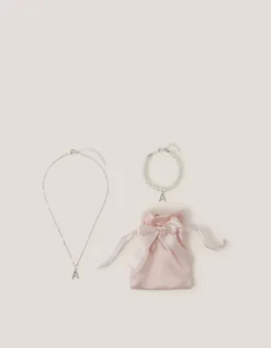 Initial Necklace & Bracelet Pouch Set Multi