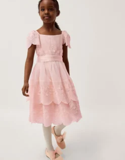 Isabel Lace Scallop Tiered Party Dress Pink
